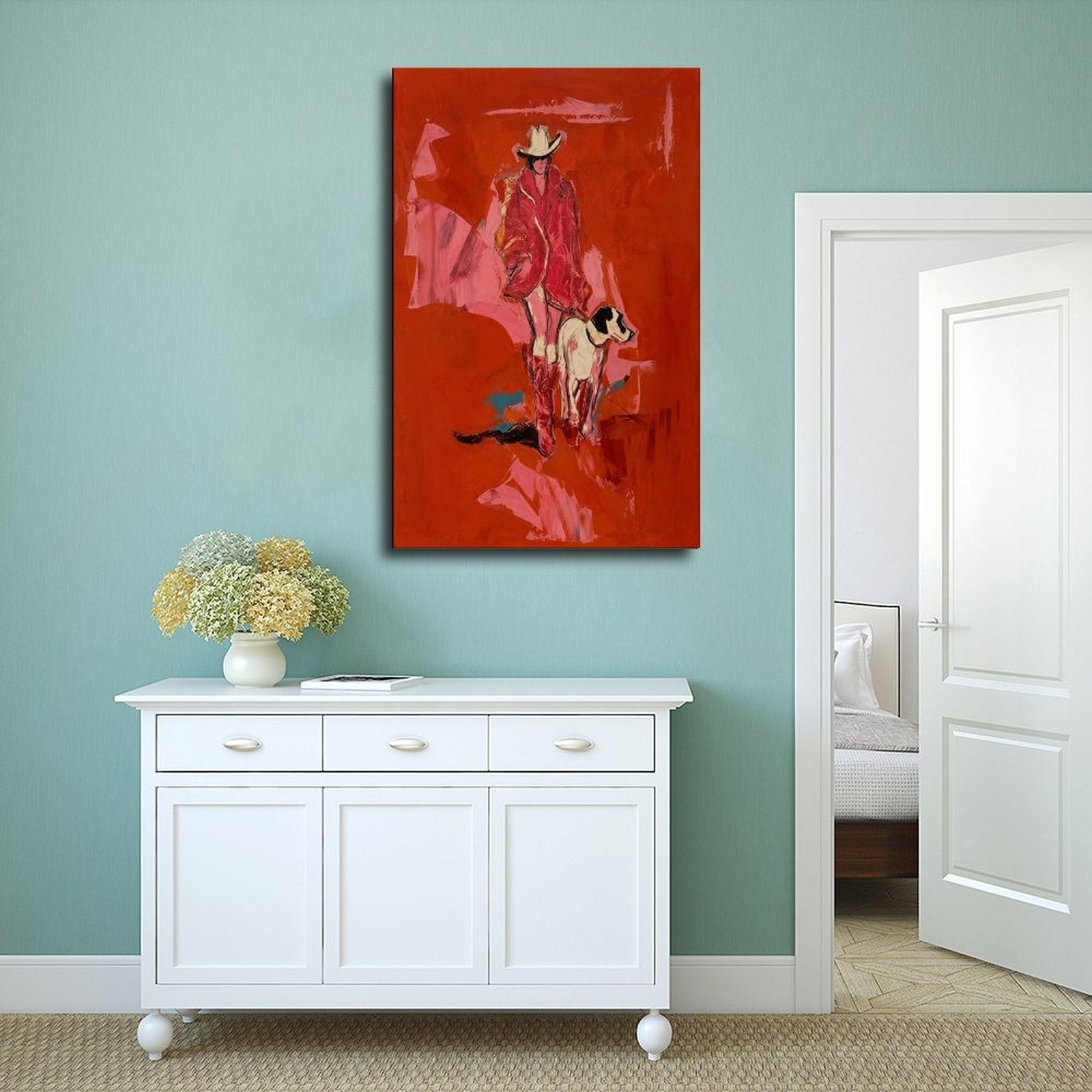 Expressive red cowboy walking beside a black-and-white hound on a painterly red background — Wrapped Canvas SCENE_02