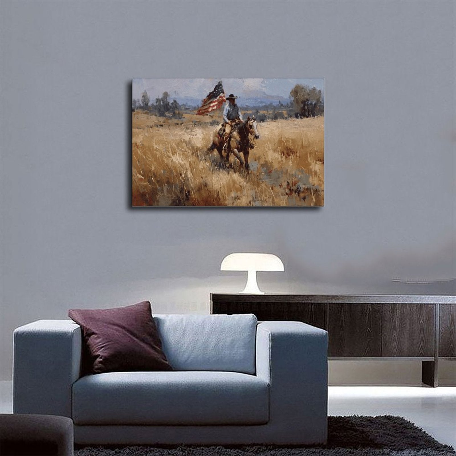 cowboy rider on horseback carrying an American flag in western landscape art style — Wrapped Canvas SCENE_03