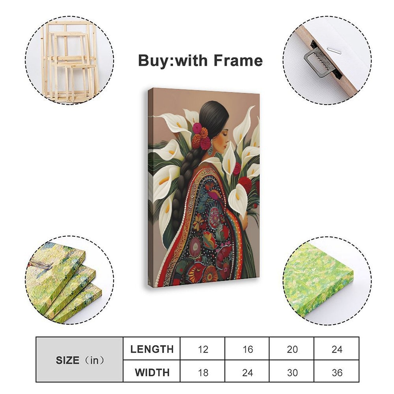 stylized woman surrounded by lilies and red flowers in decorative figurative art style — Wrapped Canvas SIZE_GUIDE