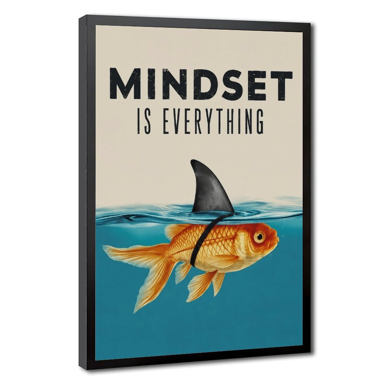goldfish wearing a shark-fin disguise beneath motivational typography in teal blue, gold orange, cream tones — Black Frame HERO