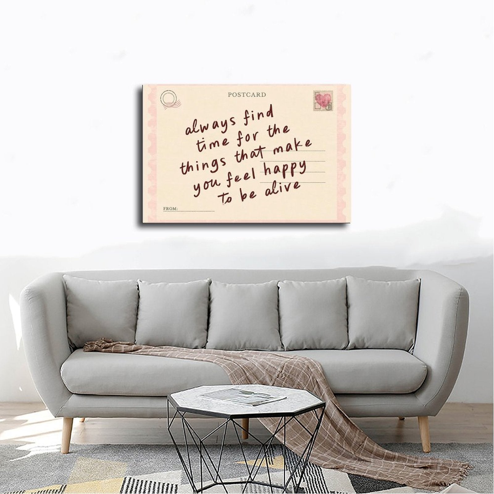 handwritten uplifting quote on a pink vintage postcard in pink, cream, burgundy tones — Wrapped Canvas SCENE_02