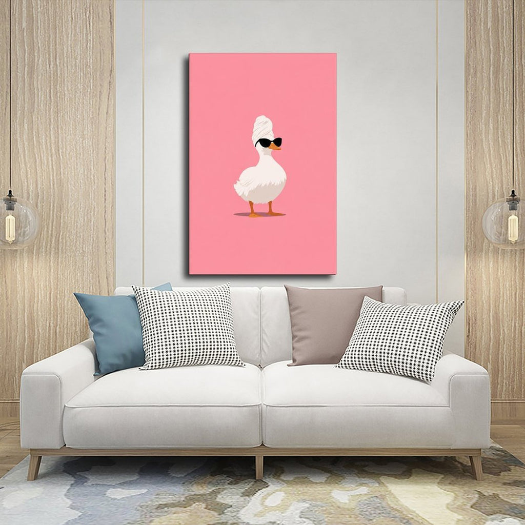 white duck wearing a towel turban and black sunglasses in pink, white, black tones — Wrapped Canvas SCENE_03
