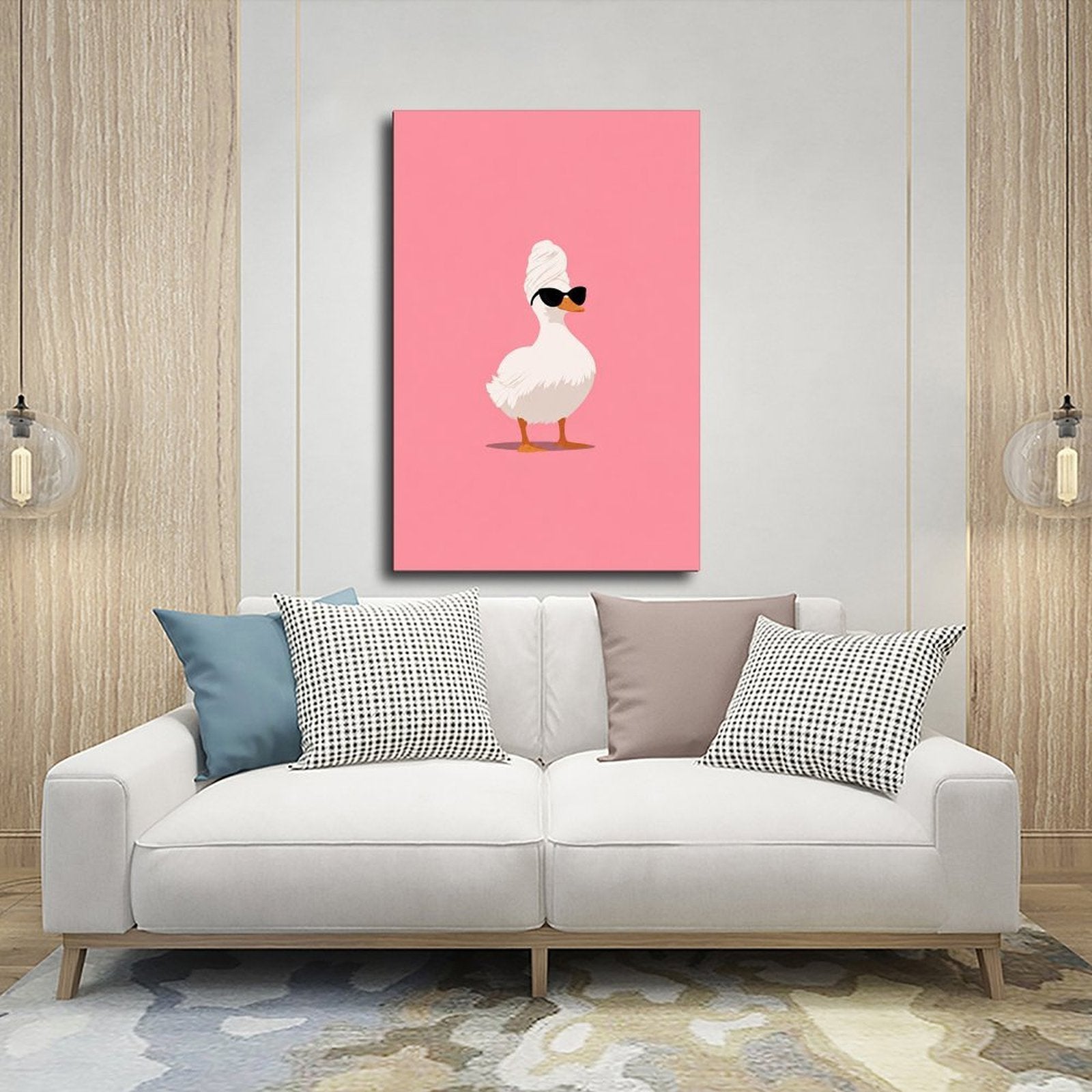 white duck wearing a towel turban and black sunglasses in pink, white, black tones — Wrapped Canvas SCENE_03