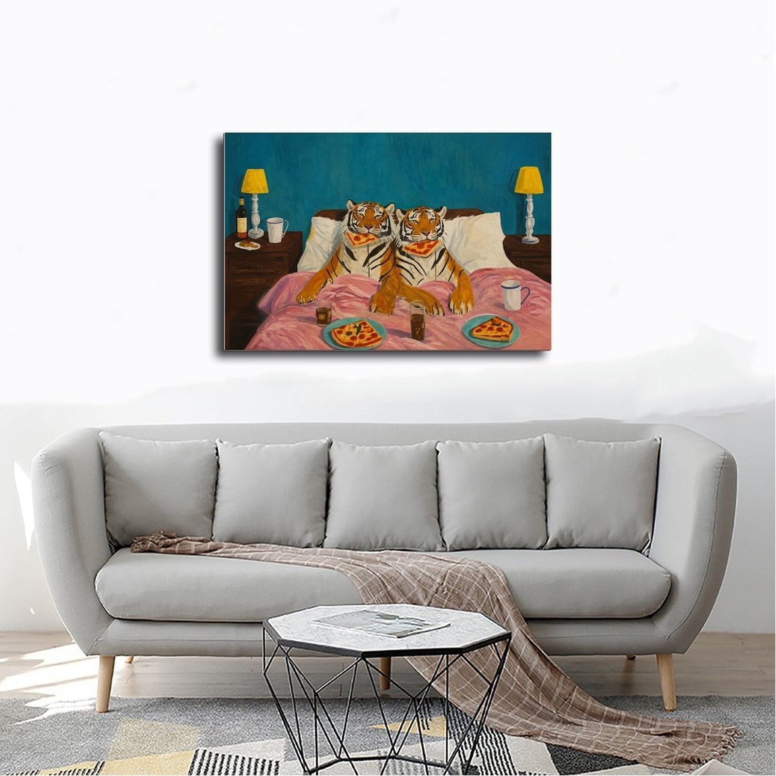 two tigers sitting in bed eating pizza in teal blue, orange, pink tones — Wrapped Canvas SCENE_02