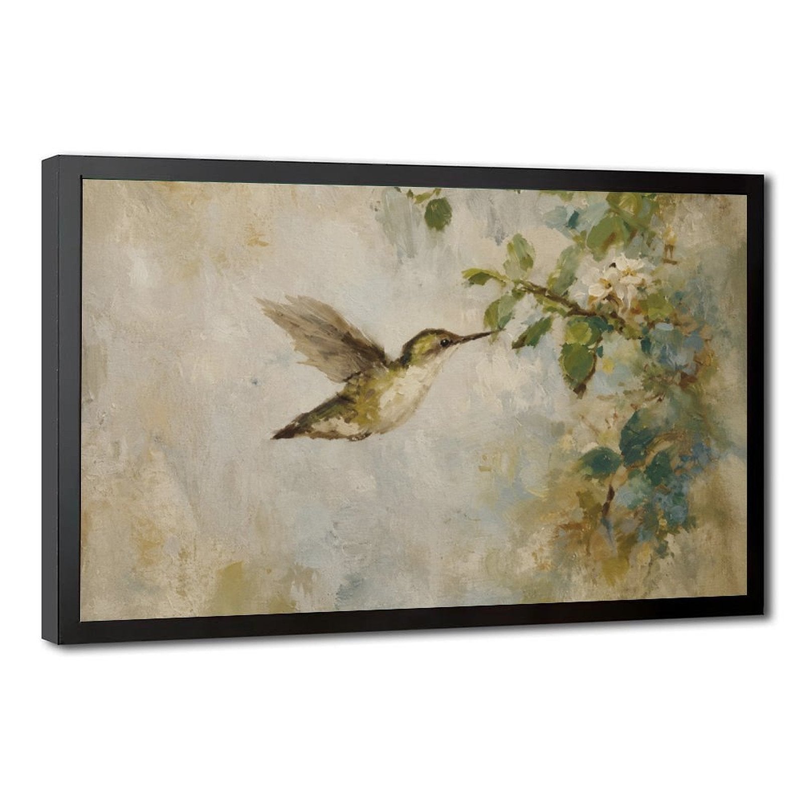 hummingbird hovering beside pale blossoms in cream, sage green, soft blue tones — Black Frame HERO