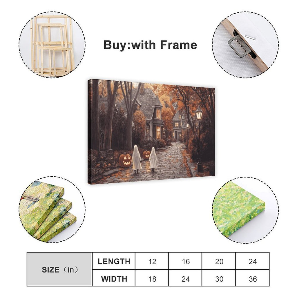 two sheet ghosts in an autumn village in whimsical halloween illustration style — Wrapped Canvas SIZE_GUIDE