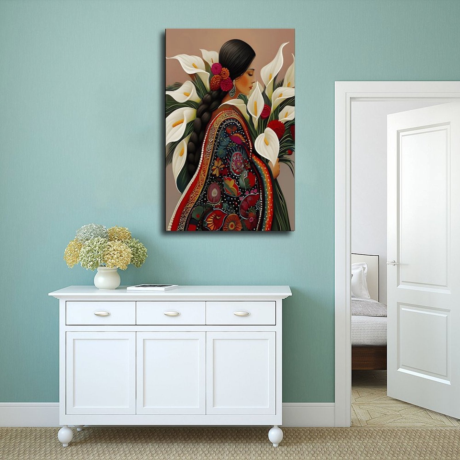 stylized woman surrounded by lilies and red flowers in decorative figurative art style — Wrapped Canvas SCENE_02