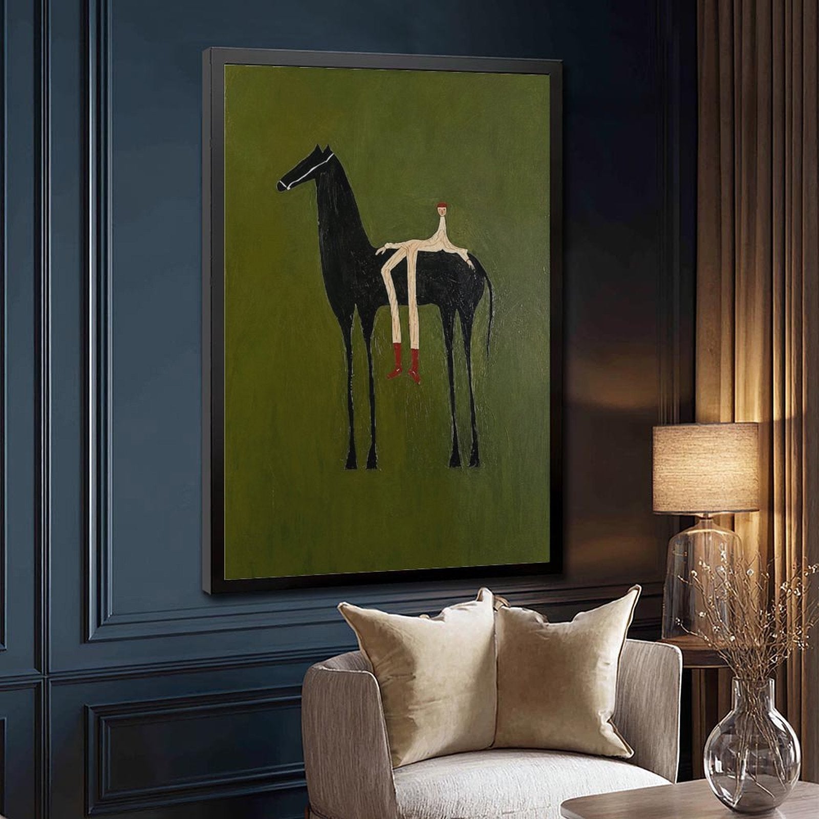 Stylized black horse with an elongated seated rider on an olive green background — Black Frame SIDE_DETAIL