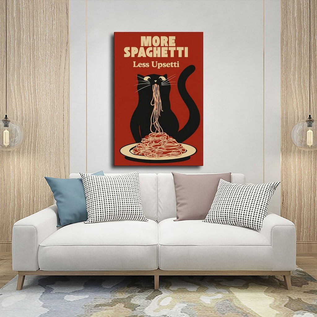 black cat eating spaghetti beneath humorous typography in brick red, black, cream tones — Wrapped Canvas SCENE_03