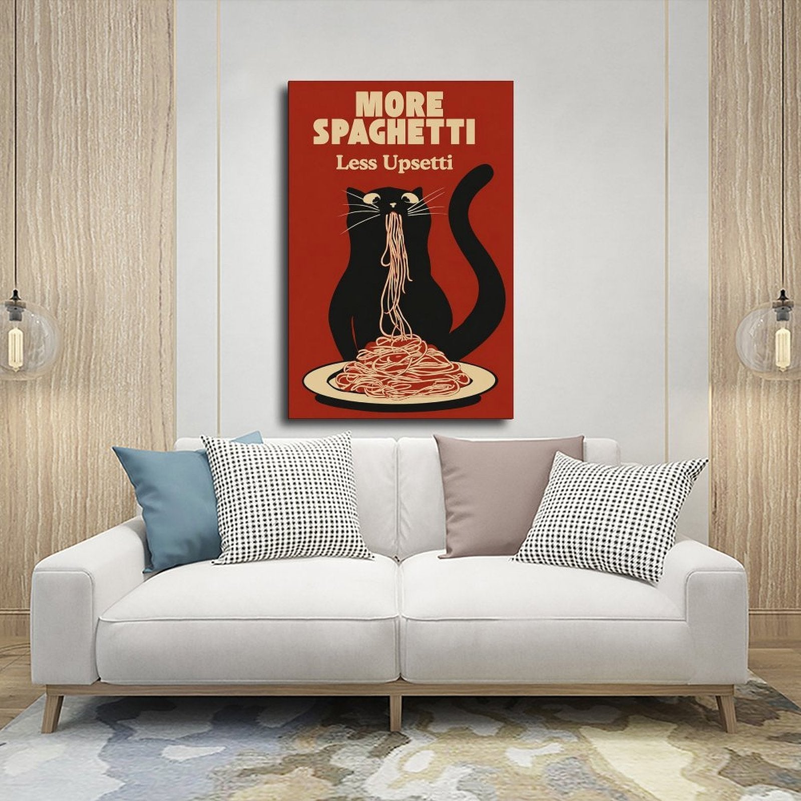 black cat eating spaghetti beneath humorous typography in brick red, black, cream tones — Wrapped Canvas SCENE_03