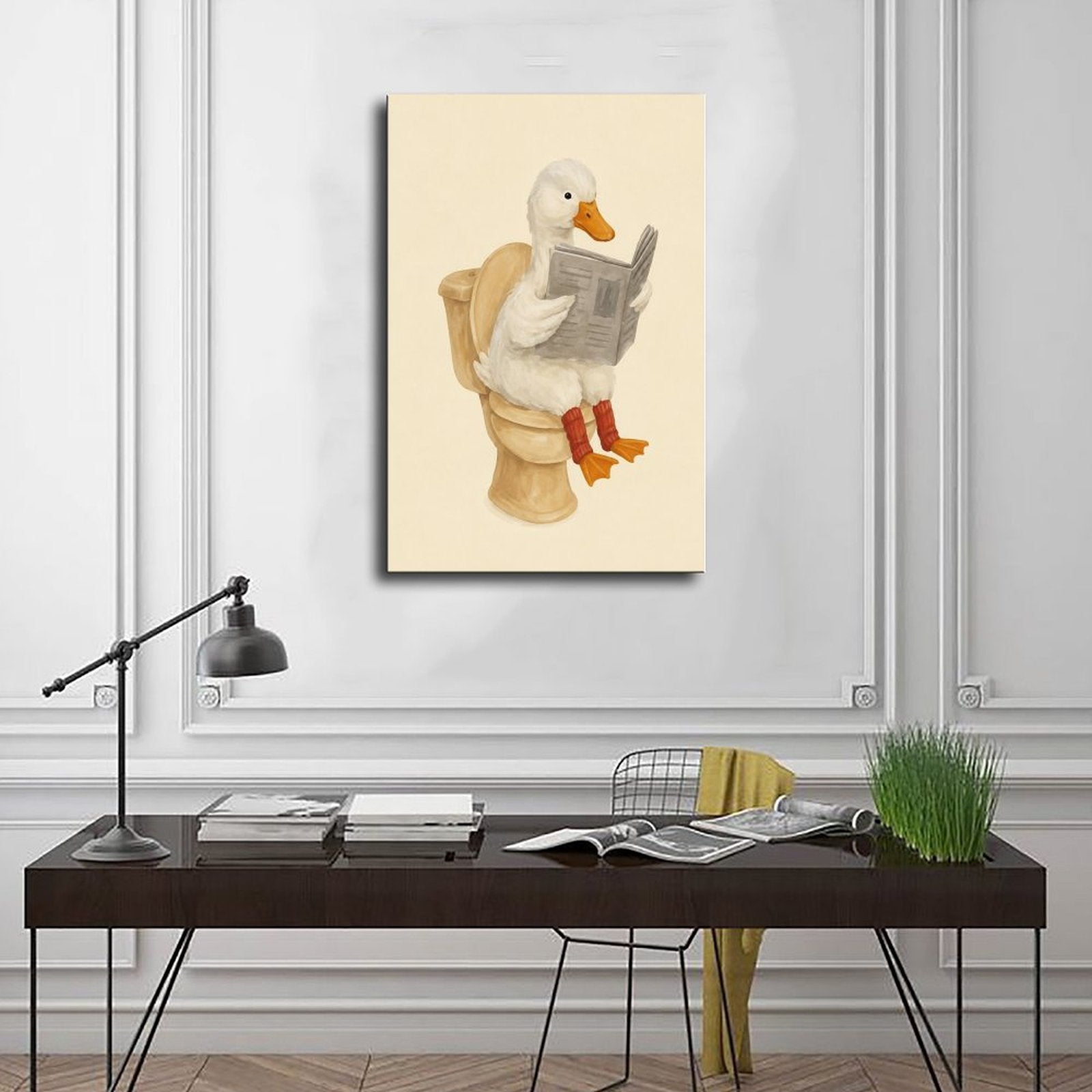 white duck sitting on a toilet reading a newspaper in cream, white, tan tones — Wrapped Canvas SCENE_01