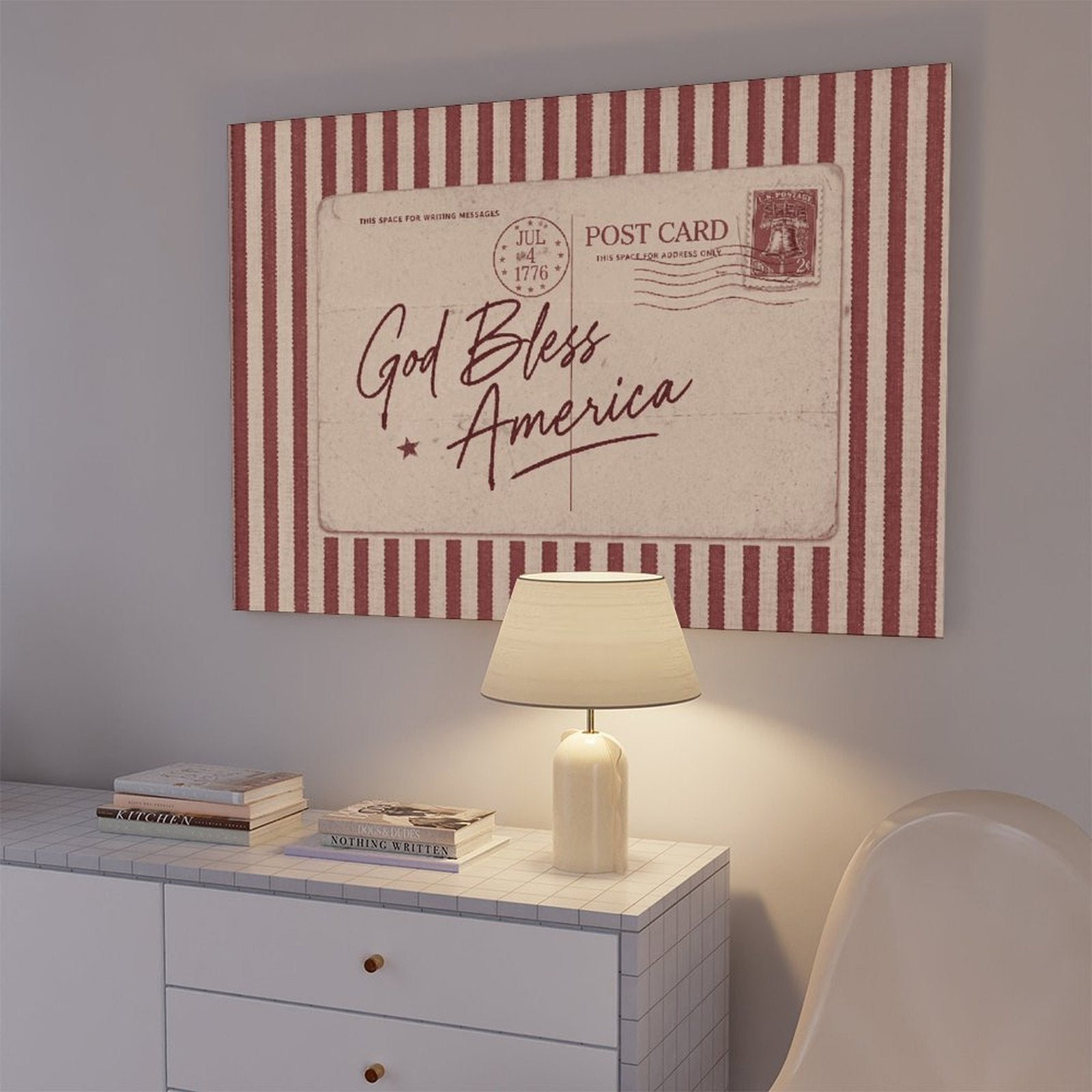 vintage patriotic postcard with God Bless America lettering in typography art style — Wrapped Canvas SCENE_05