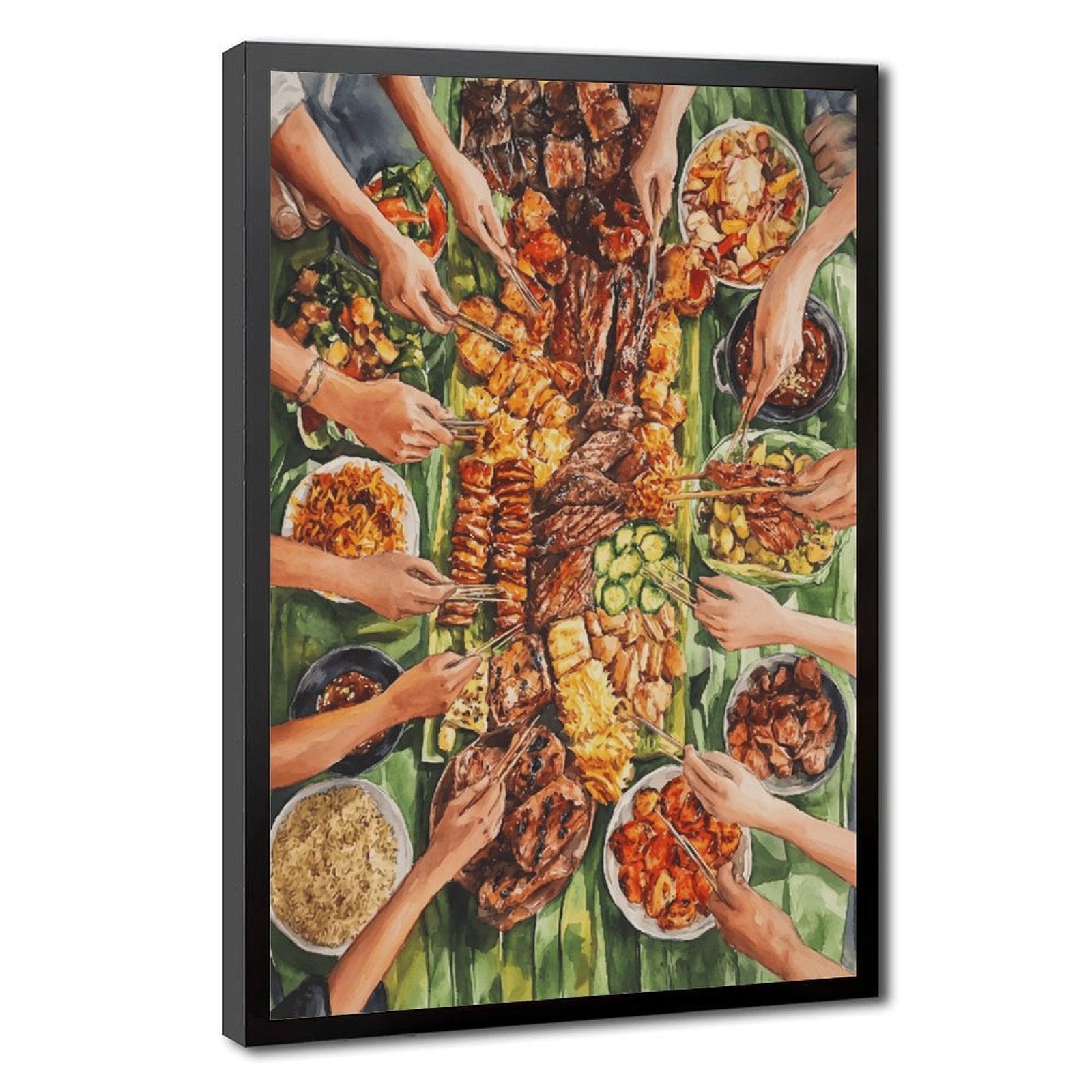 overhead table filled with a colorful shared meal in contemporary food illustration style — Black Frame HERO