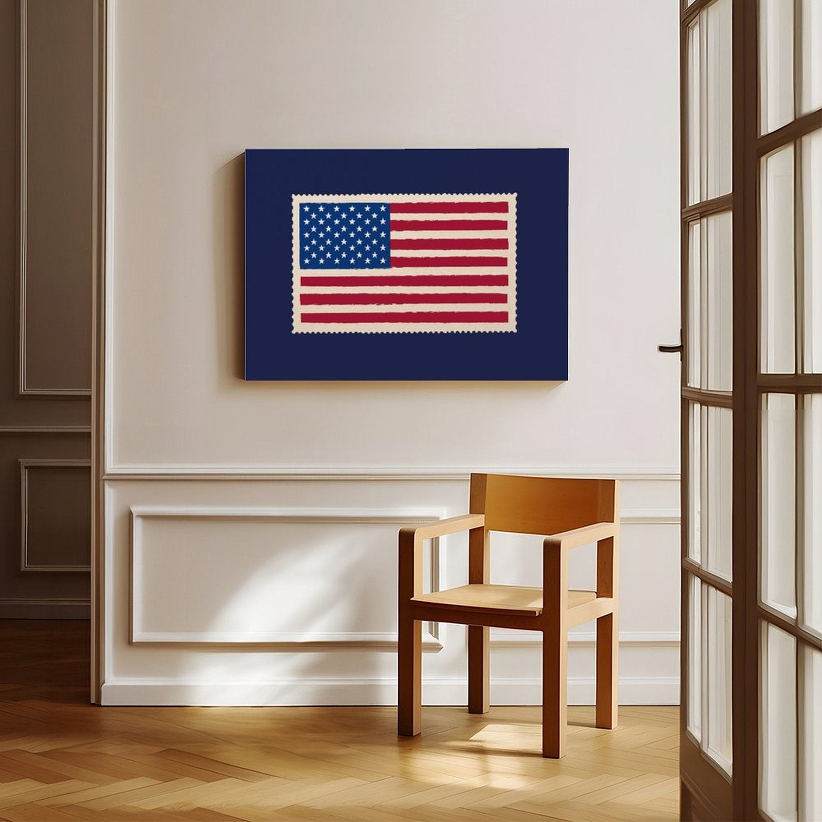 American flag motif on a navy blue field in graphic poster art style — Wrapped Canvas SCENE_06