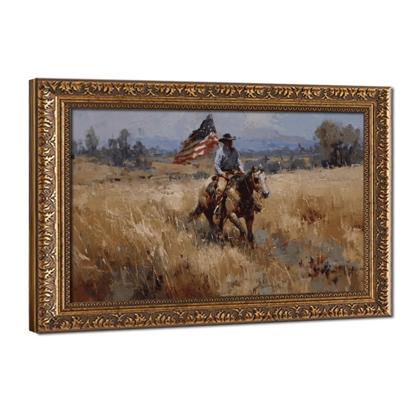 cowboy rider on horseback carrying an American flag in western landscape art style — Vintage Gold Frame HERO