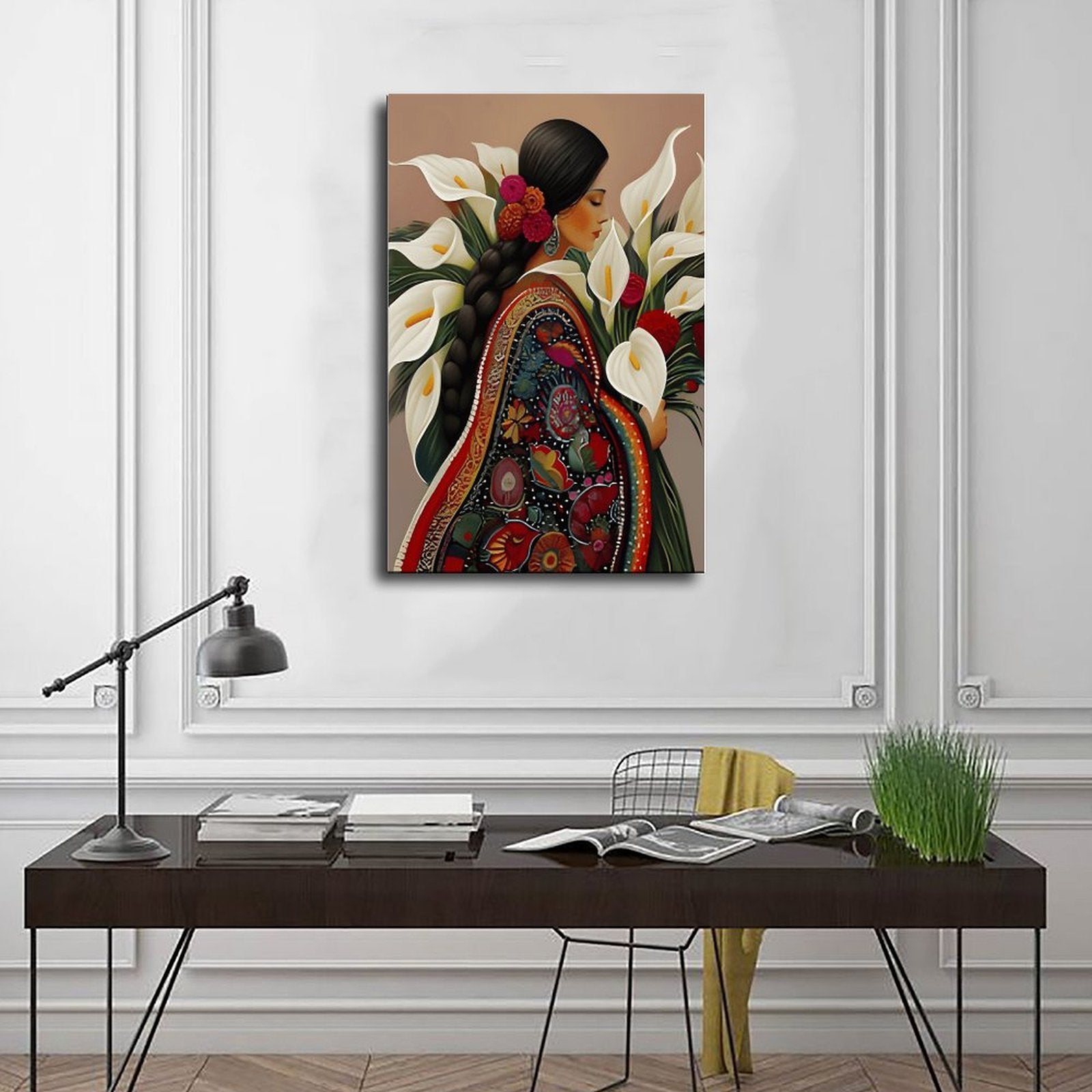 stylized woman surrounded by lilies and red flowers in decorative figurative art style — Wrapped Canvas SCENE_01