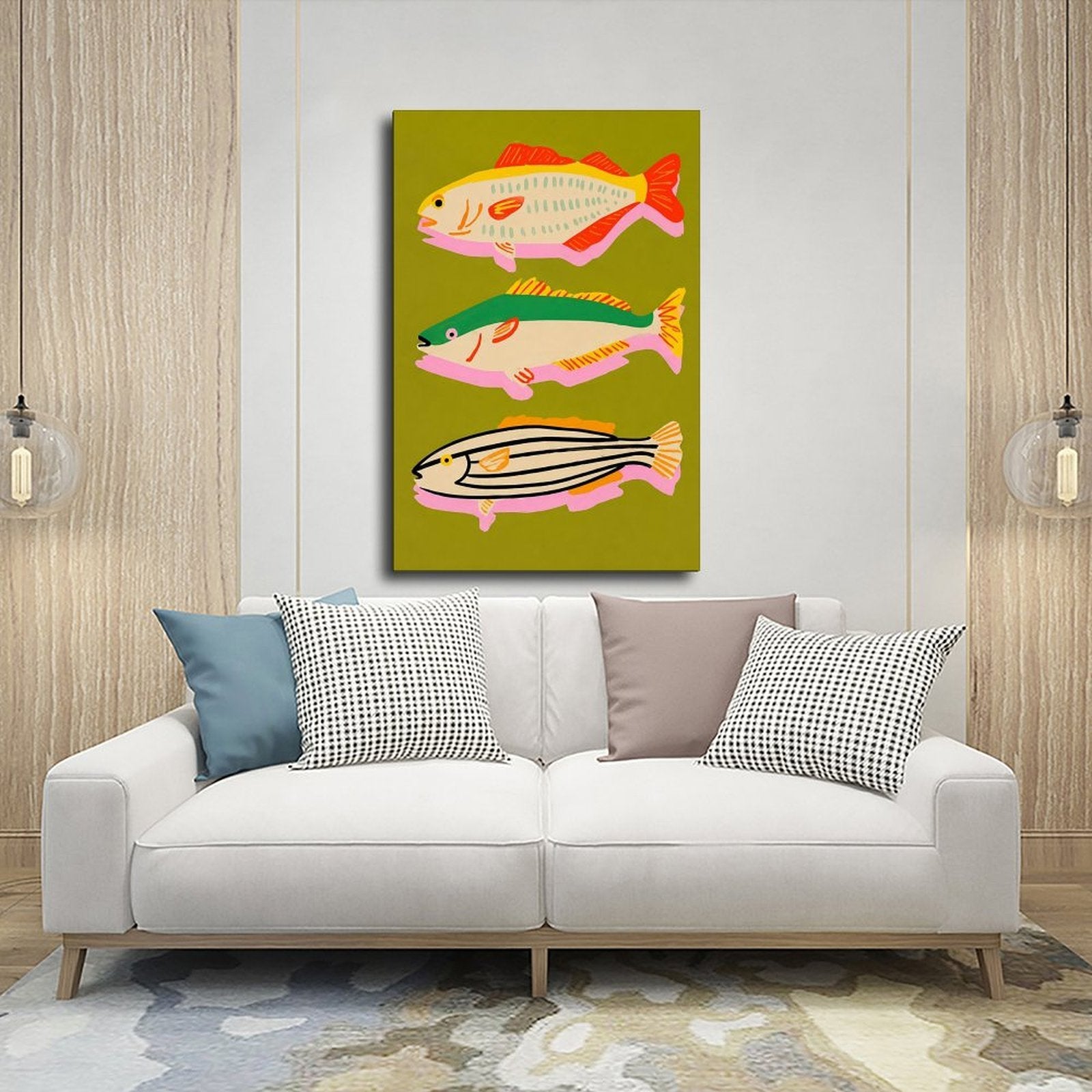 three colorful stylized fish arranged vertically in olive green, coral red, pink tones — Wrapped Canvas SCENE_03