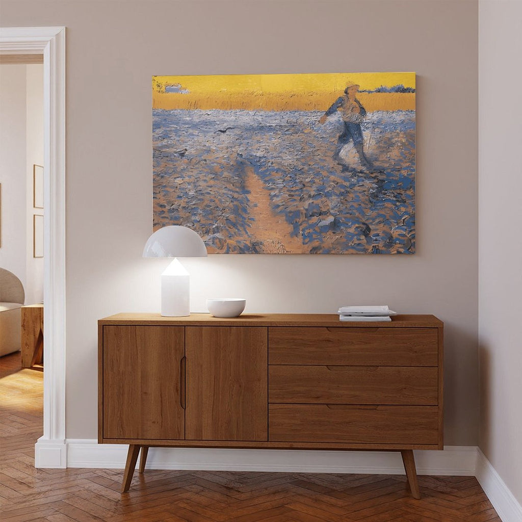 solitary person walking through a blue and gold field in expressive landscape painting style — Wrapped Canvas SCENE_04