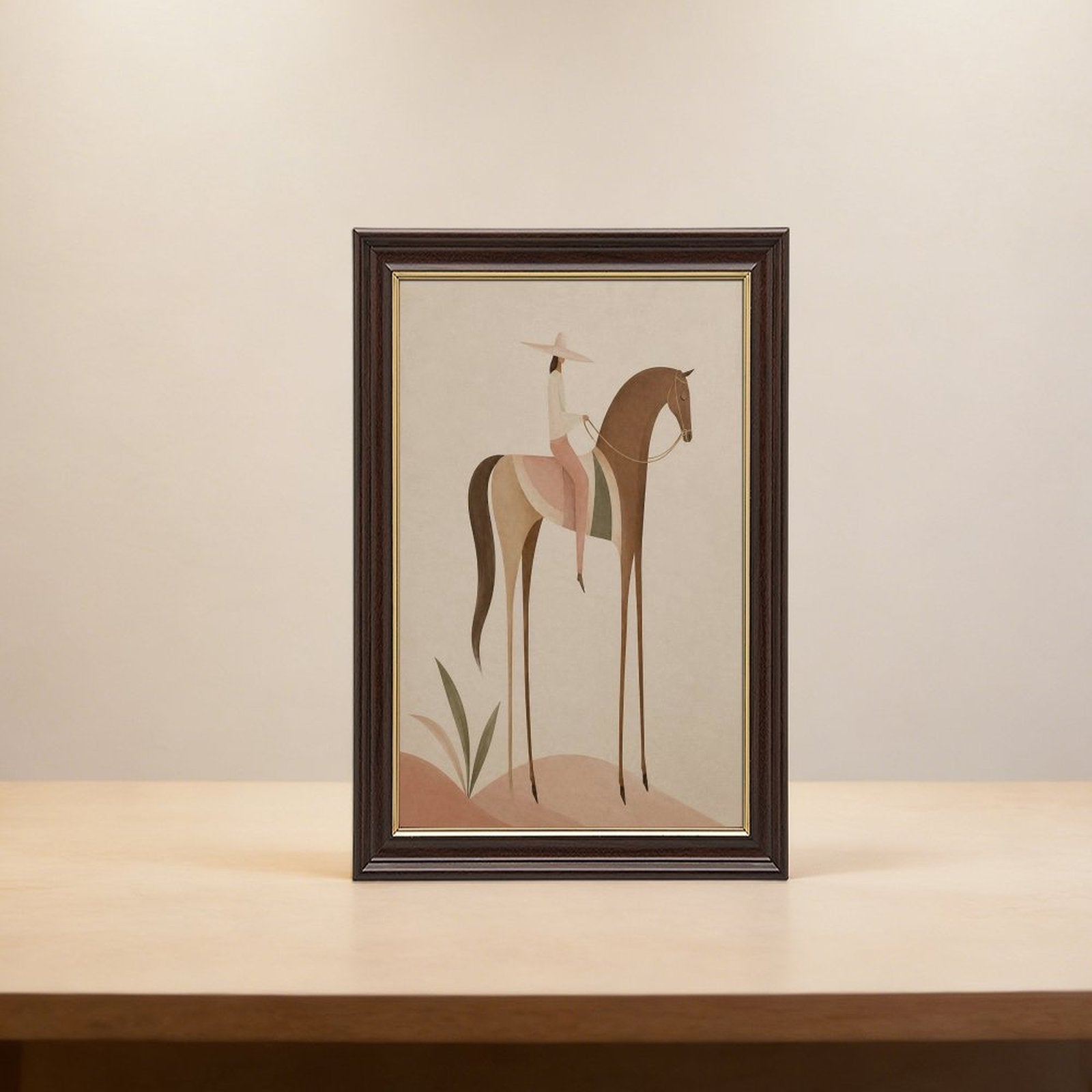 Soft Blush Long Horse canvas wall art featuring a graceful long-limbed horse in soft blush pink, warm beige, muted cream tones, displayed in the Wood Grain Gold Frame style