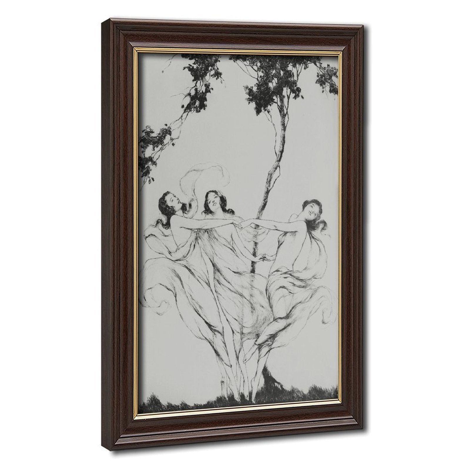 classical human figures beneath trees in classical line art style — Wood Grain Gold Frame HERO