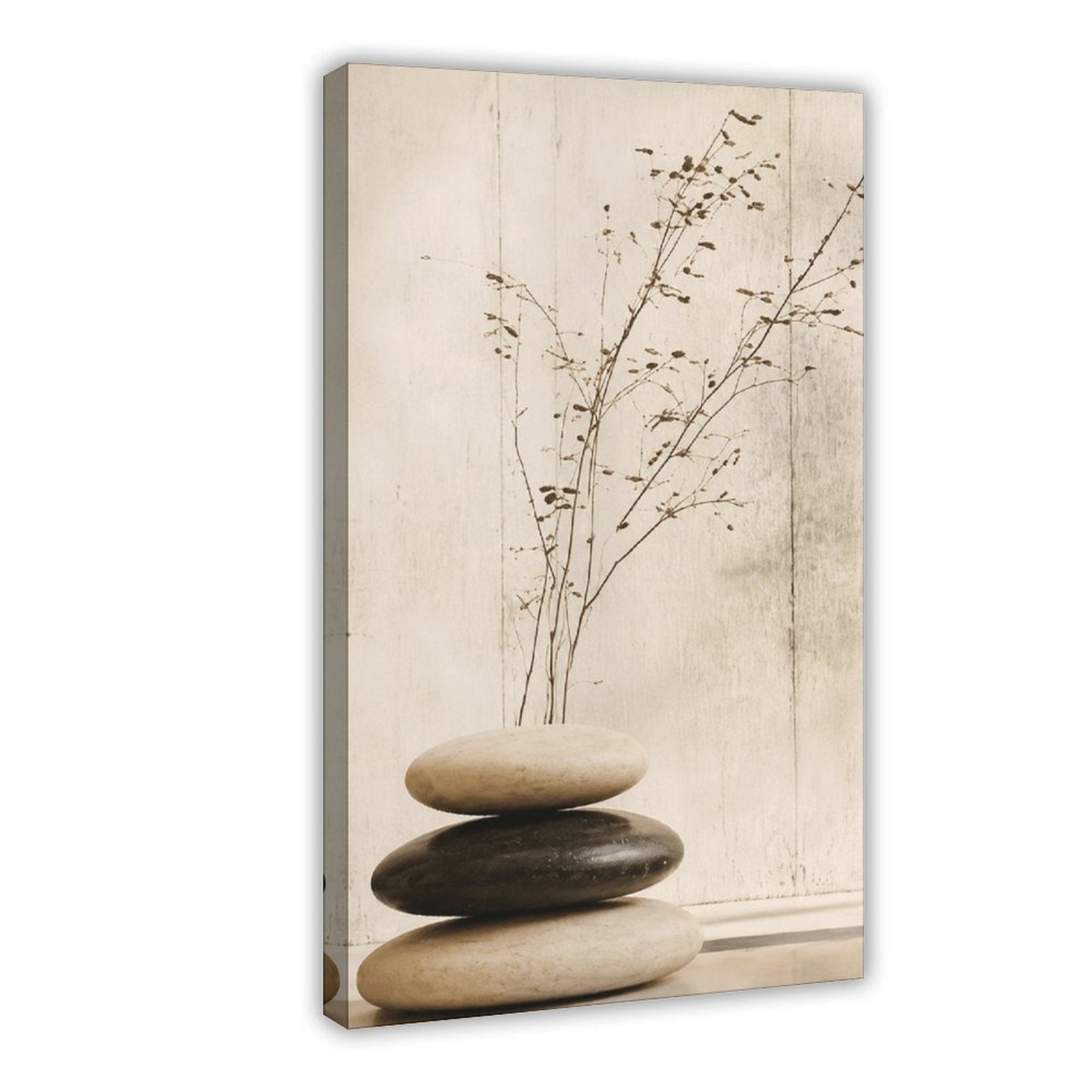 stacked smooth stones with a sparse dried branch in cream, taupe, charcoal tones — Wrapped Canvas HERO
