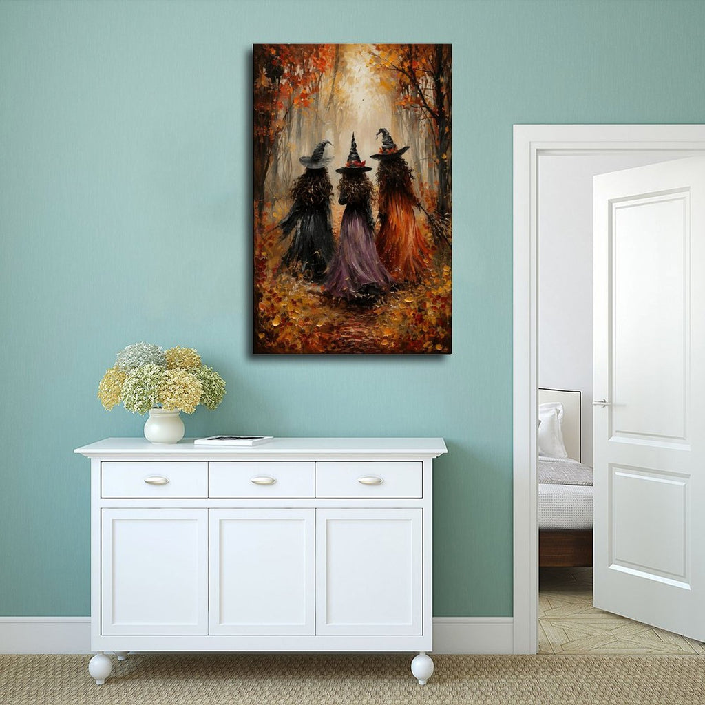 three witches walking through an autumn forest in orange, black, purple tones — Wrapped Canvas SCENE_02