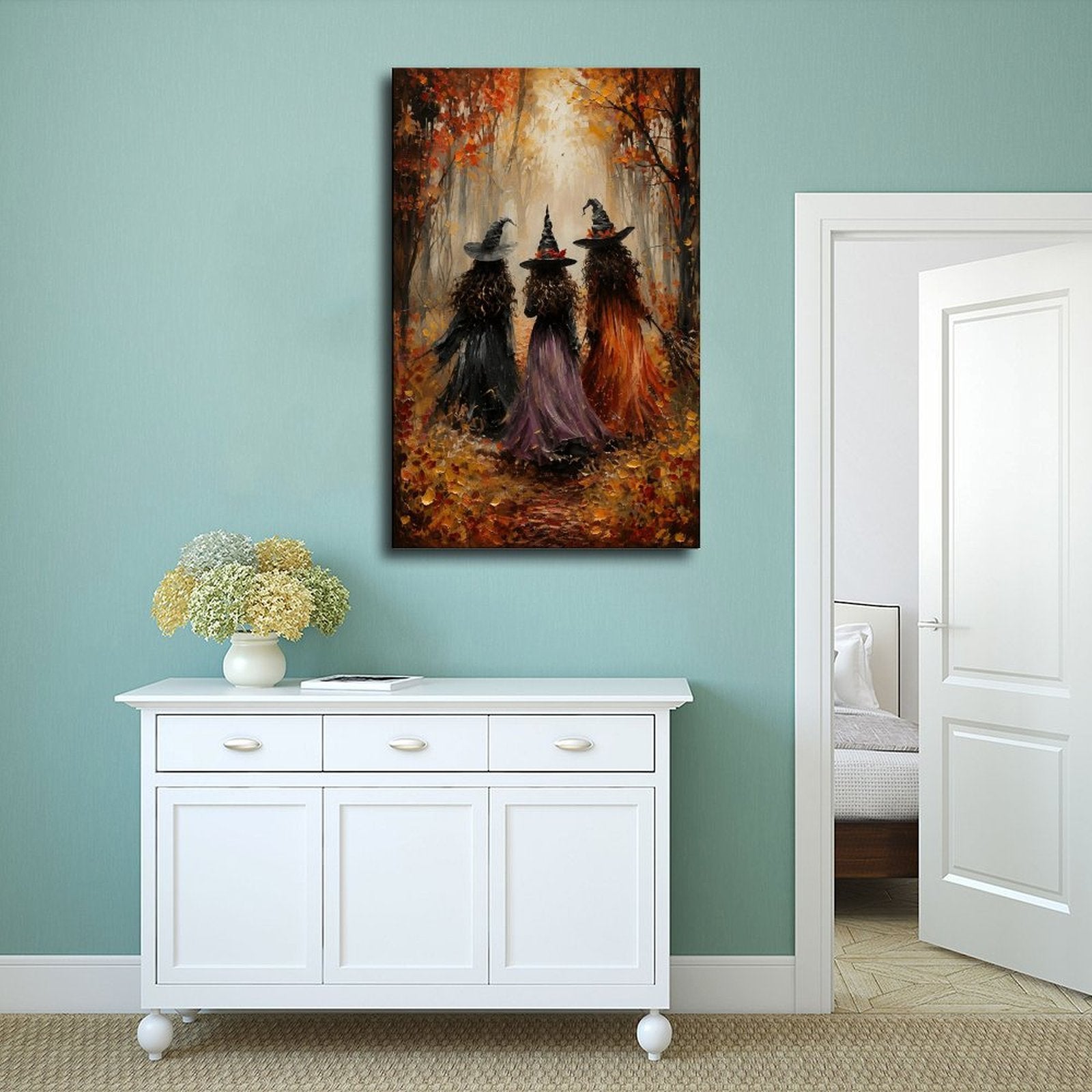 three witches walking through an autumn forest in orange, black, purple tones — Wrapped Canvas SCENE_02