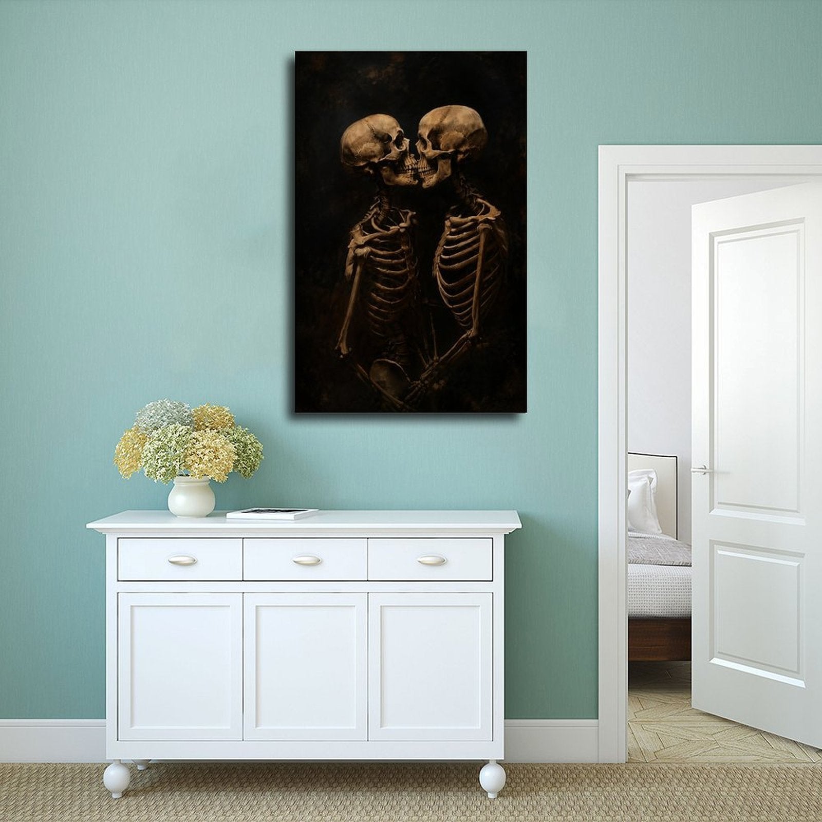 two skeletons leaning together in a kiss in black, bone beige, deep brown tones — Wrapped Canvas SCENE_02