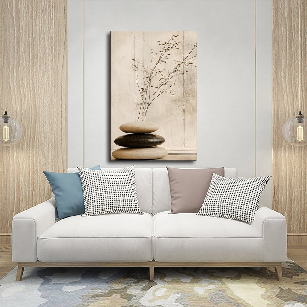 stacked smooth stones with a sparse dried branch in cream, taupe, charcoal tones — Wrapped Canvas SCENE_03