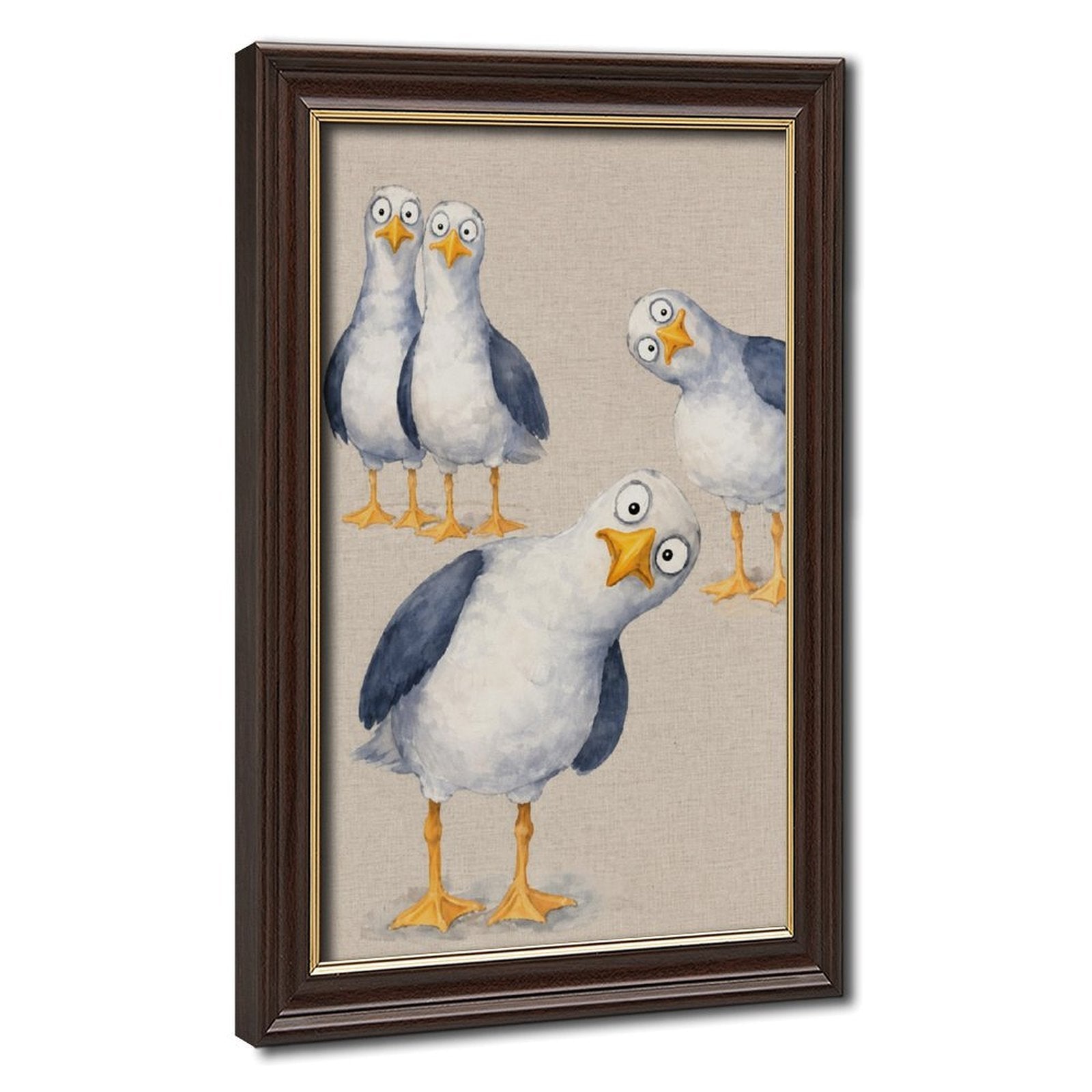 group of quirky seagulls with expressive poses in white, slate blue, yellow tones — Wood Grain Gold Frame HERO