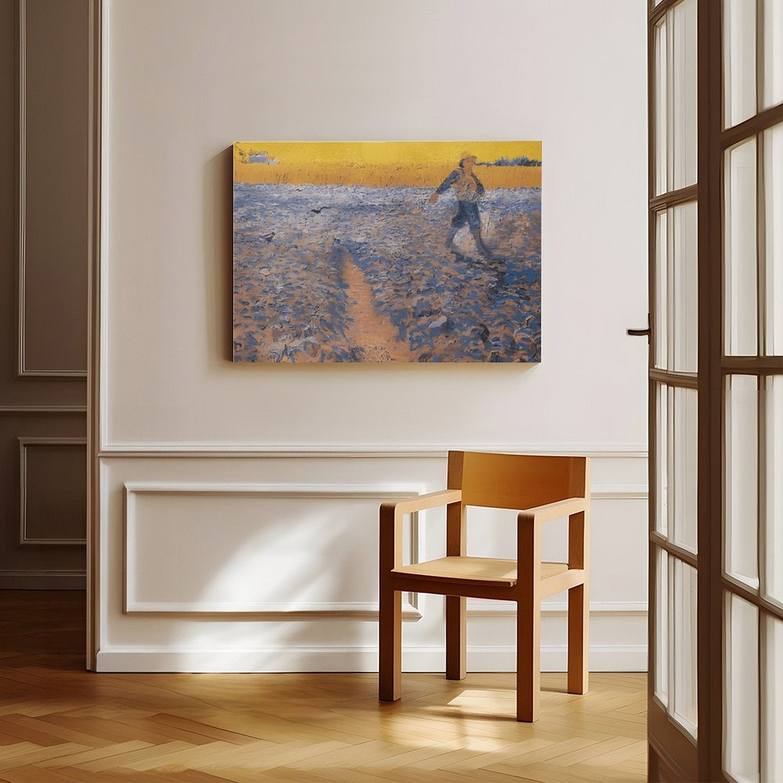 solitary person walking through a blue and gold field in expressive landscape painting style — Wrapped Canvas SCENE_06
