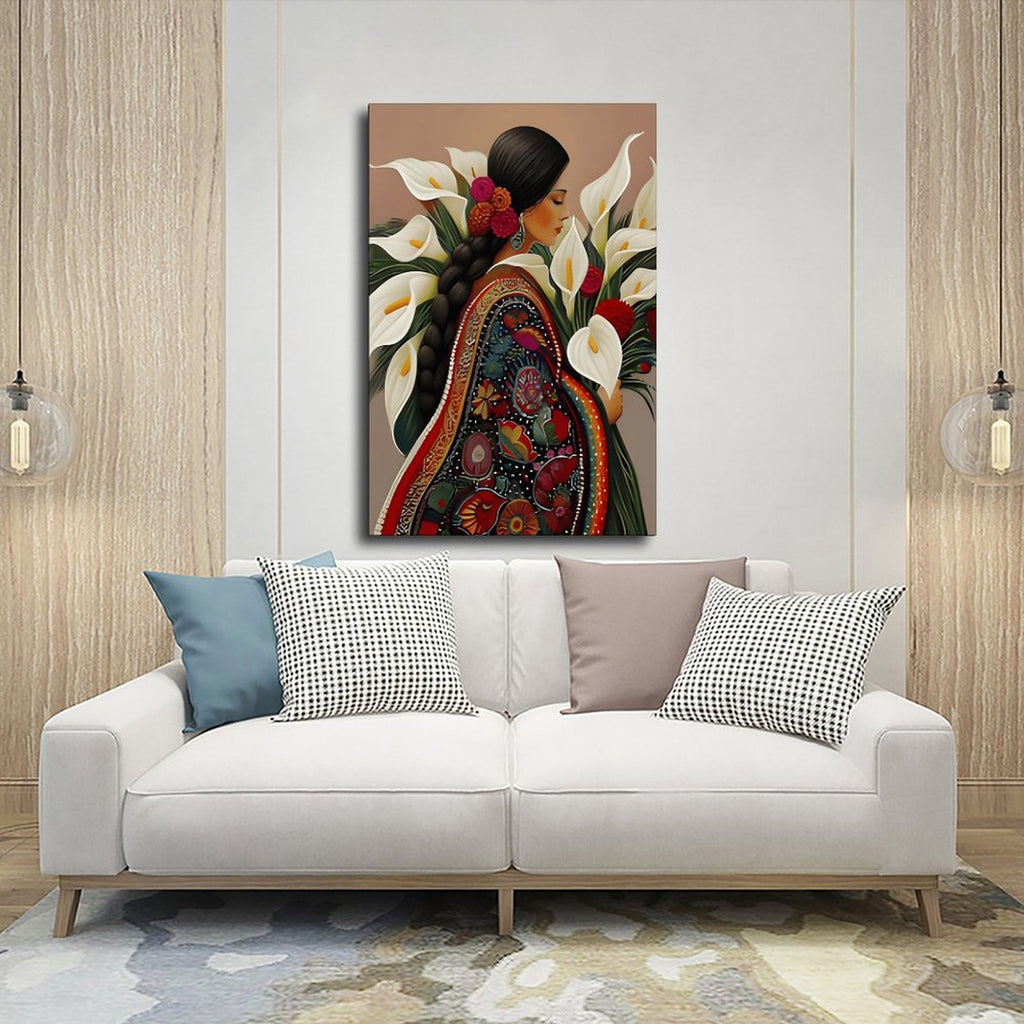 stylized woman surrounded by lilies and red flowers in decorative figurative art style — Wrapped Canvas SCENE_03