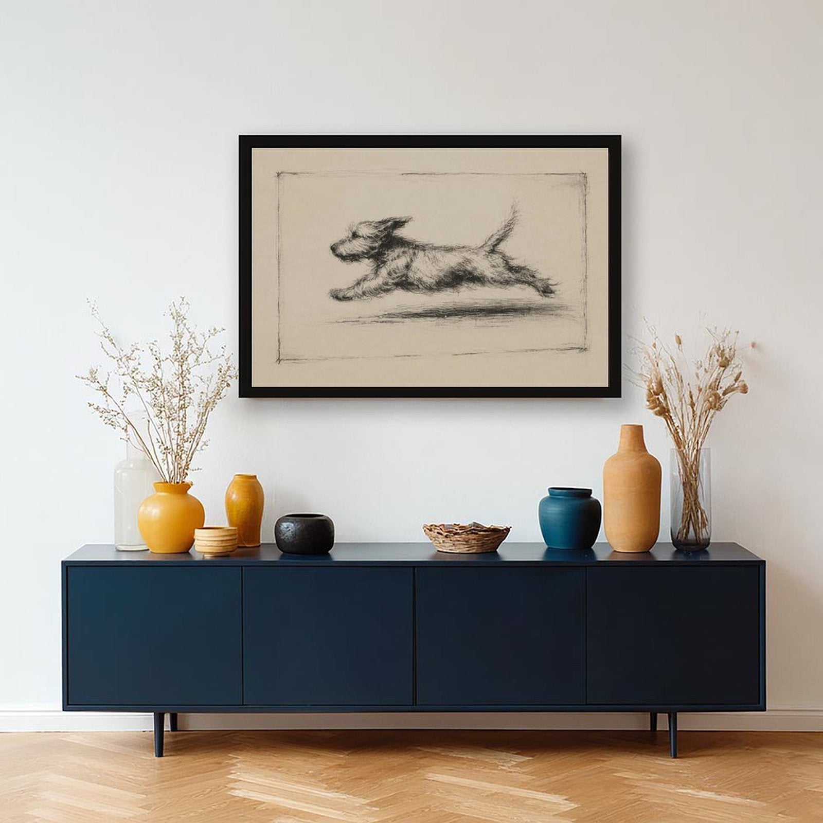Charcoal sketch of a shaggy dog running across a warm cream background — Black Frame SCENE_02