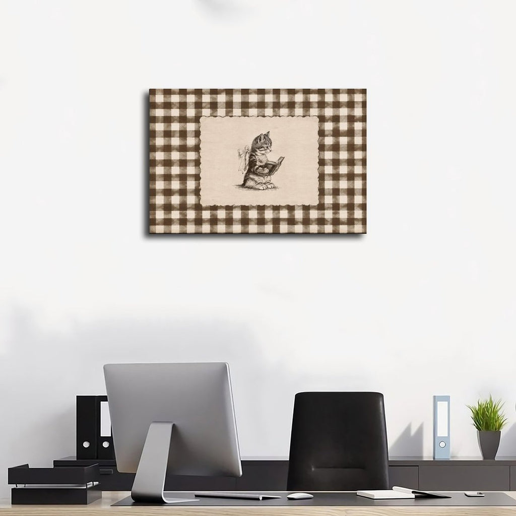 small rabbit reading a book in brown, cream, black tones — Wrapped Canvas SCENE_01