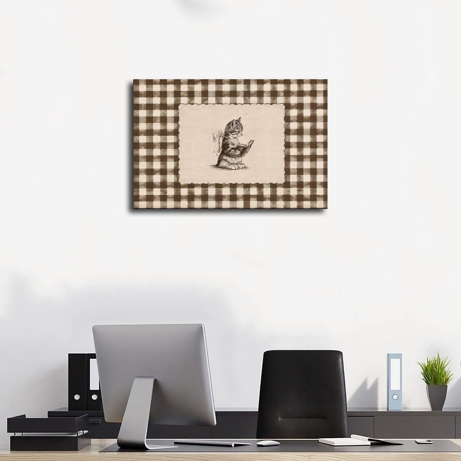 small rabbit reading a book in brown, cream, black tones — Wrapped Canvas SCENE_01