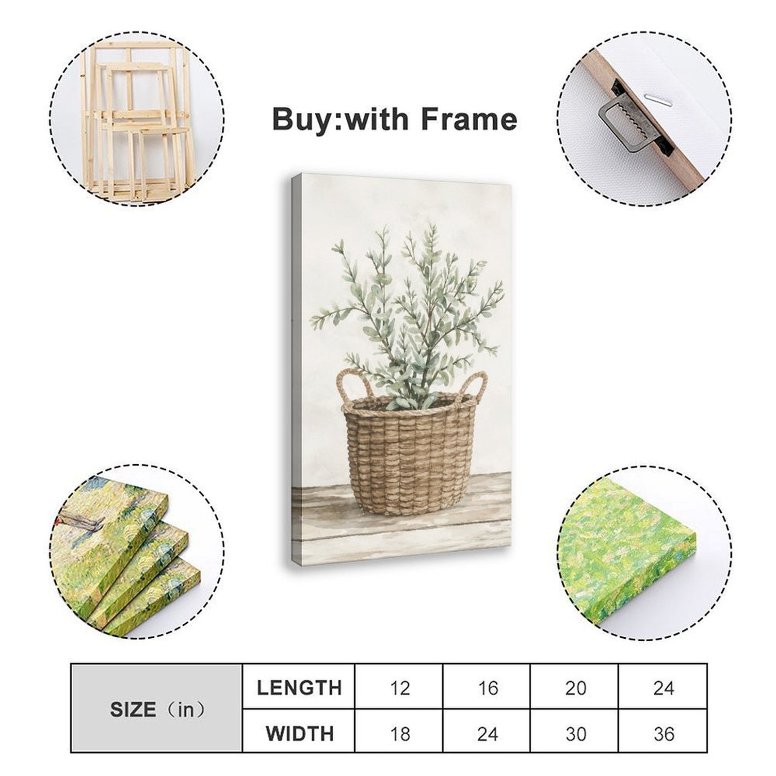 woven basket with silvery green leafy branches in sage green, warm beige, cream tones — Wrapped Canvas SIZE_GUIDE