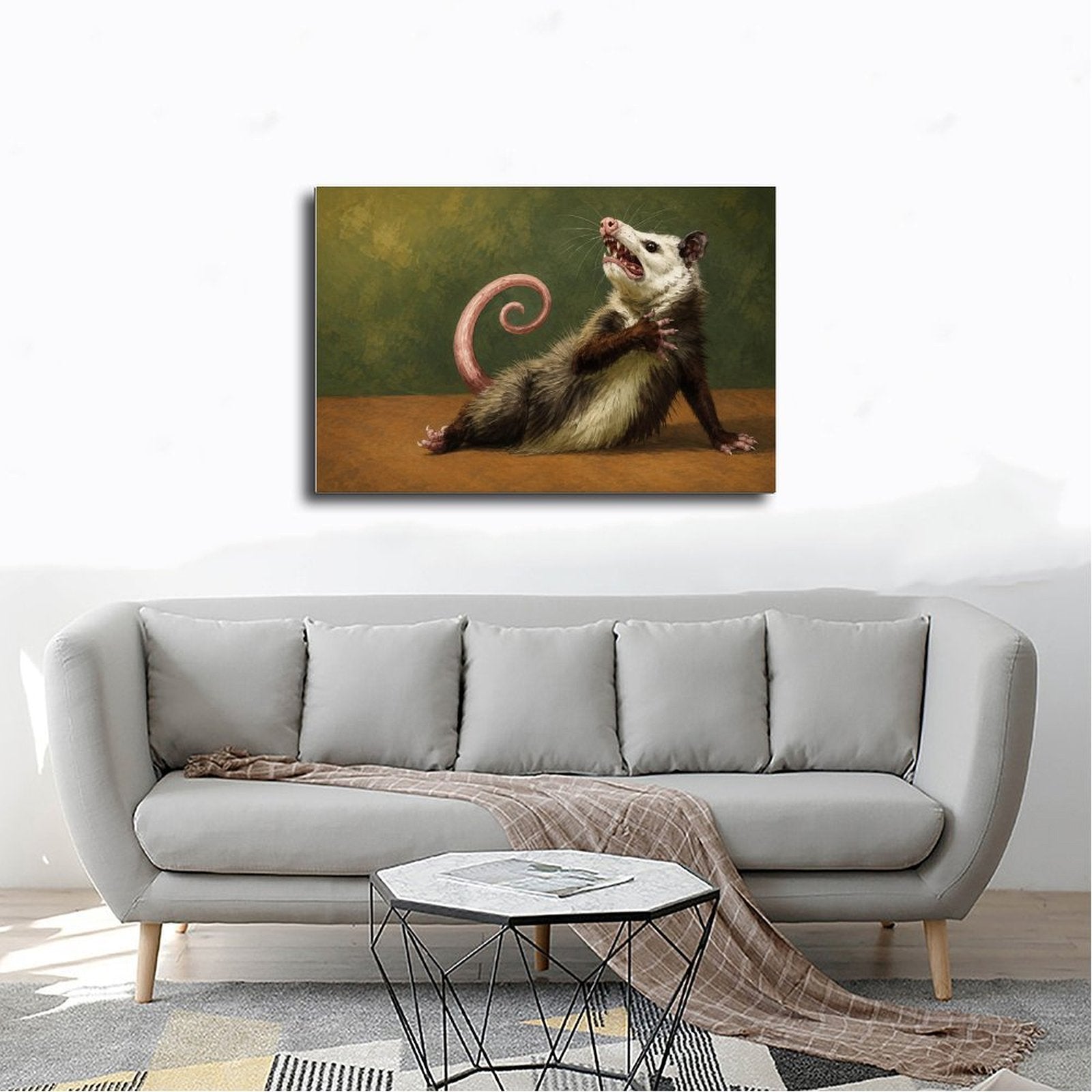 hissing opossum with a curled pink tail in olive green, brown, cream tones — Wrapped Canvas SCENE_02