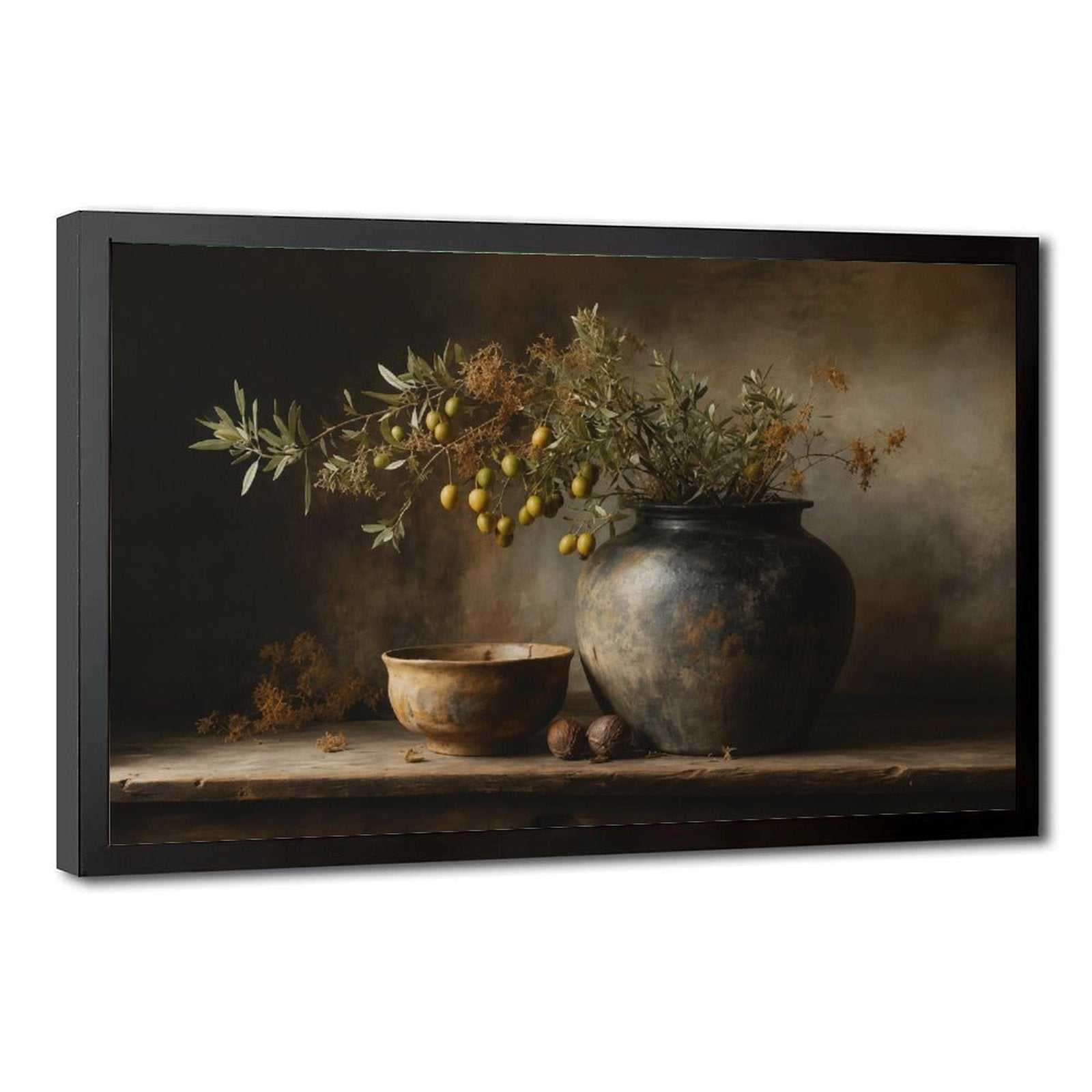 dark ceramic vessel with olive branches and fruit in charcoal, olive green, deep brown tones — Black Frame HERO
