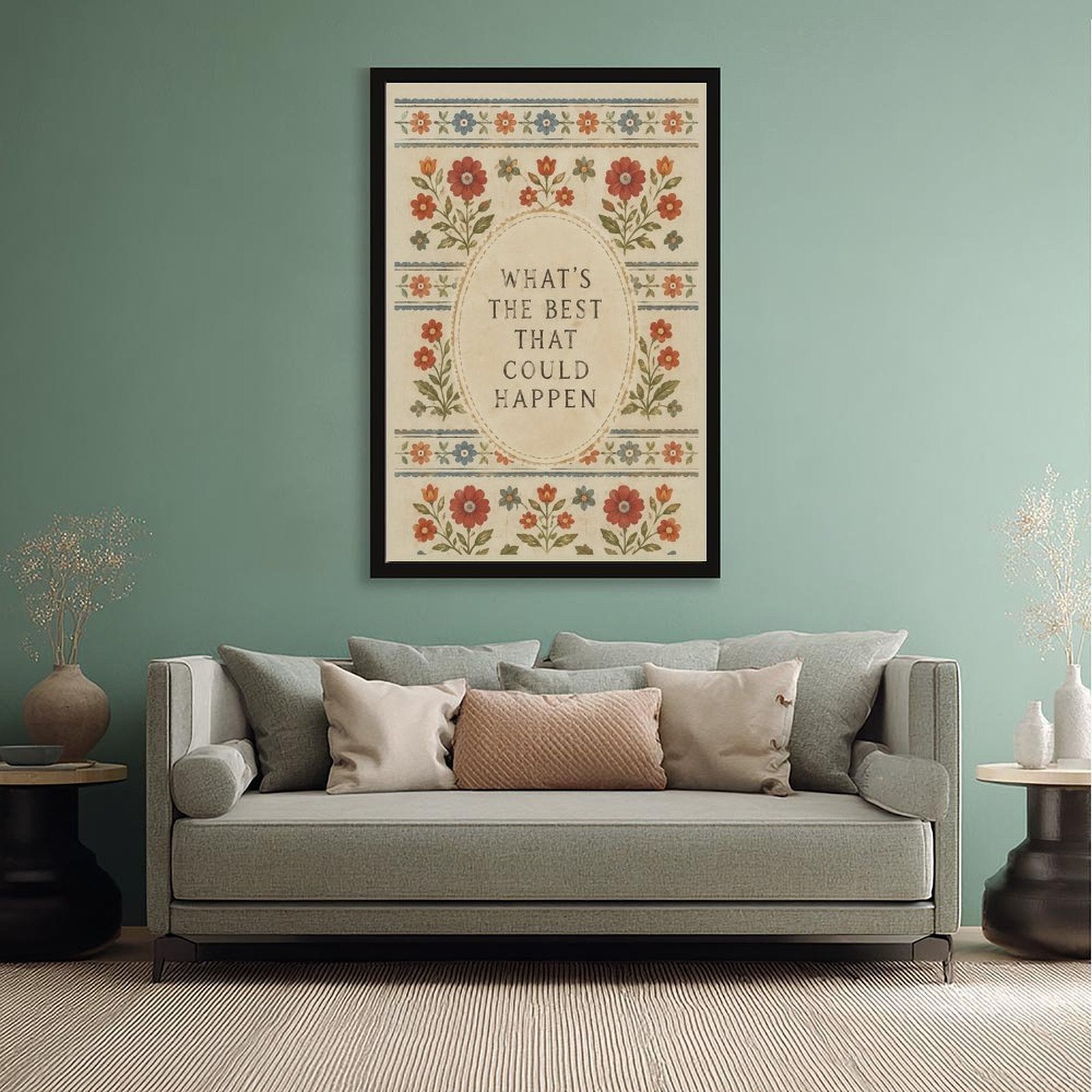 muted floral folk-art border around optimistic typography in rust, dusty blue, olive green tones — Black Frame SCENE_02