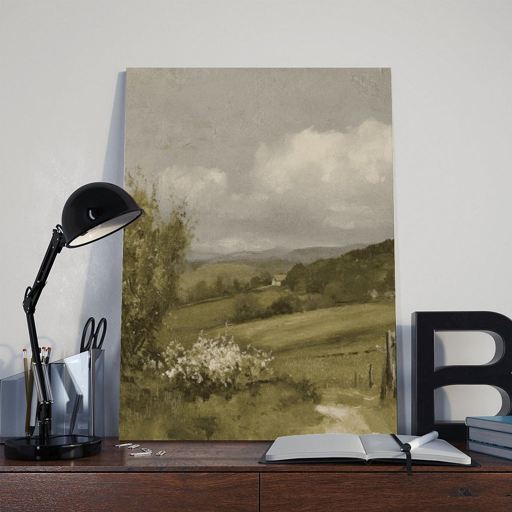 misty countryside valley with a small house and winding path in landscape painting style — Wrapped Canvas SCENE_06