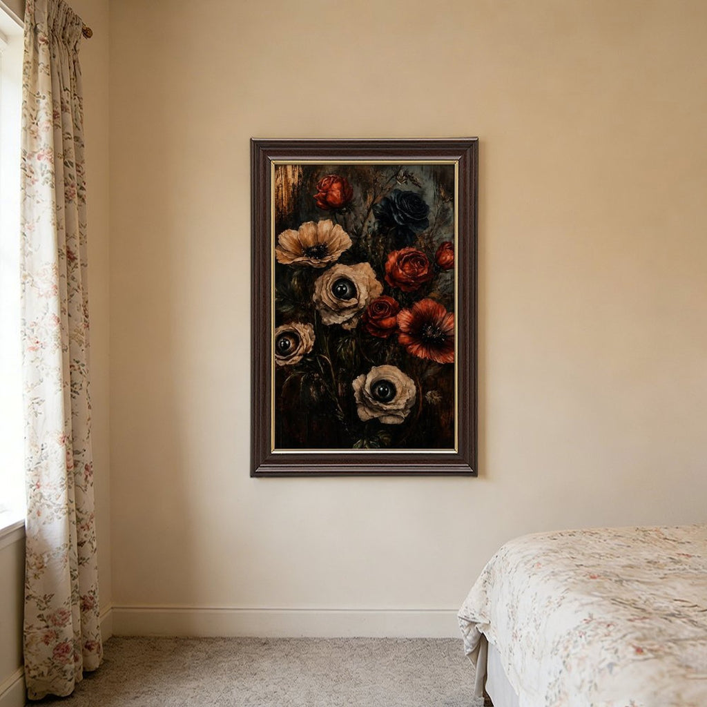 dark floral bouquet with realistic eyes in flower centers in black, deep red, taupe tones — Wood Grain Gold Frame SCENE_01