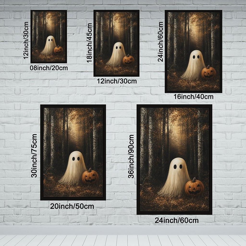 sheet ghost beside a carved pumpkin in an autumn forest in black, amber, cream tones — Black Frame SIZE_GUIDE