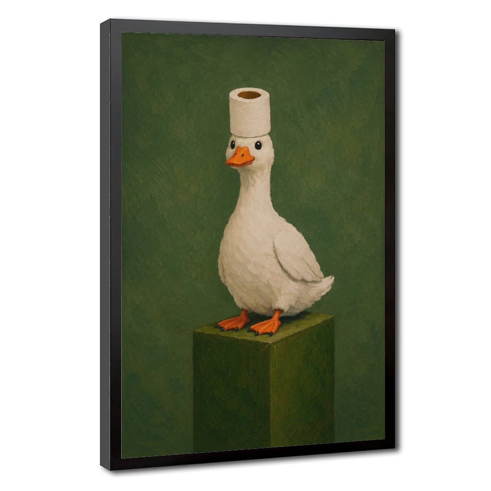 white goose wearing a toilet paper roll like a hat in olive green, white, orange tones — Black Frame HERO
