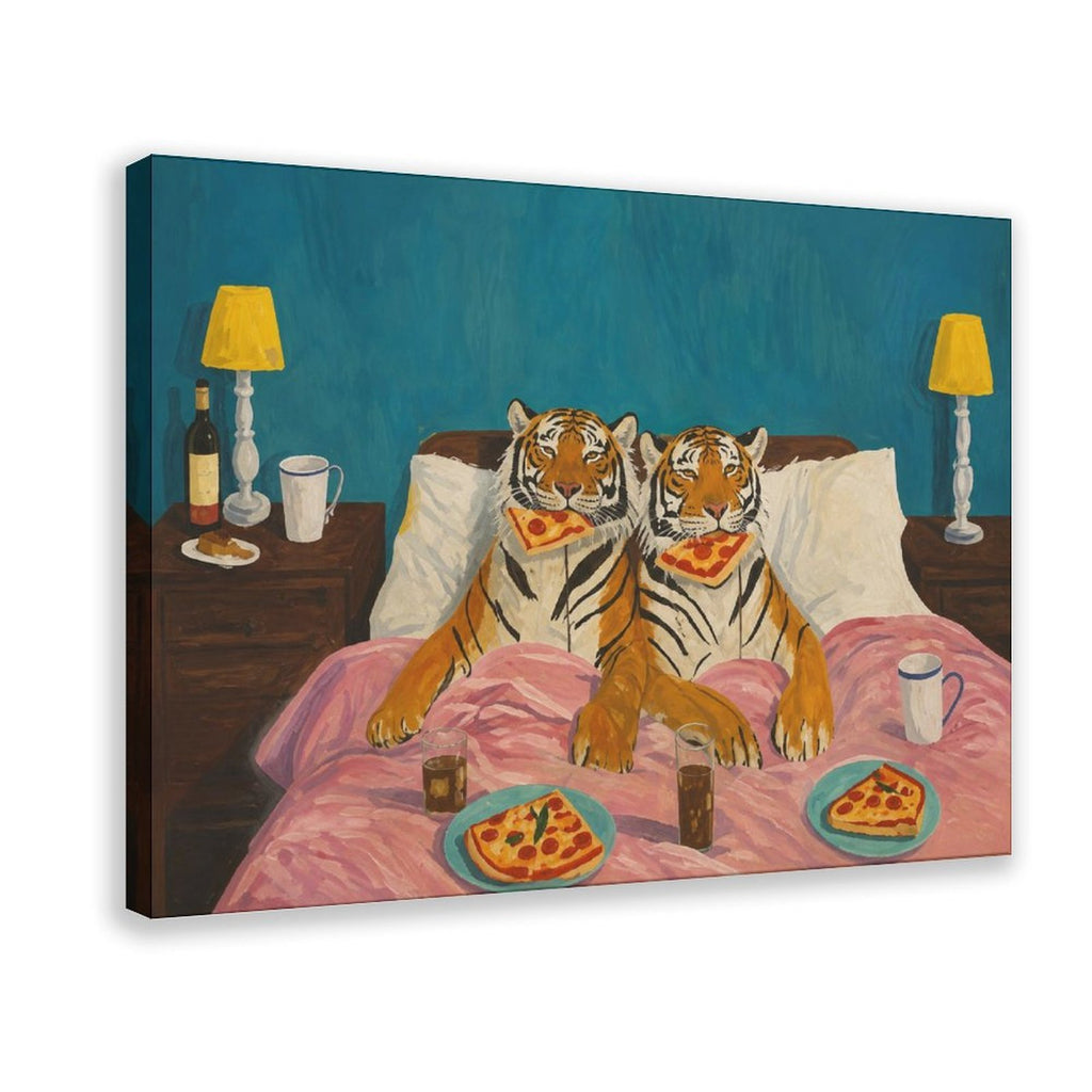 two tigers sitting in bed eating pizza in teal blue, orange, pink tones — Wrapped Canvas HERO