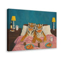 two tigers sitting in bed eating pizza in teal blue, orange, pink tones — Wrapped Canvas HERO