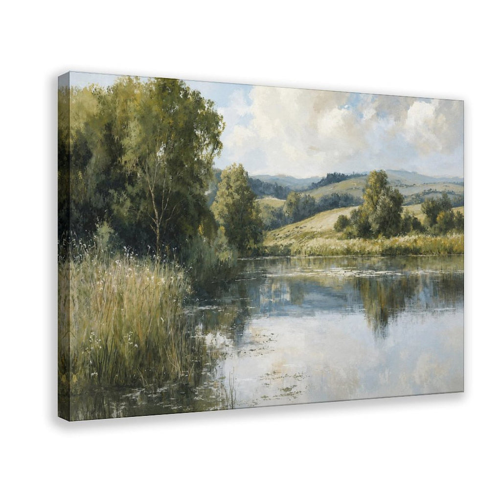 quiet river winding through a green countryside in sage green, blue gray, cream tones — Wrapped Canvas HERO