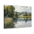 quiet river winding through a green countryside in sage green, blue gray, cream tones — Wrapped Canvas HERO