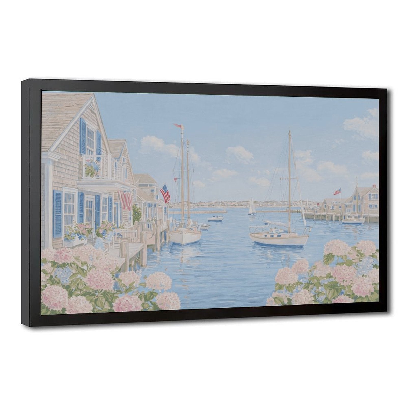 pastel coastal harbor village with boats in coastal landscape painting style — Black Frame HERO