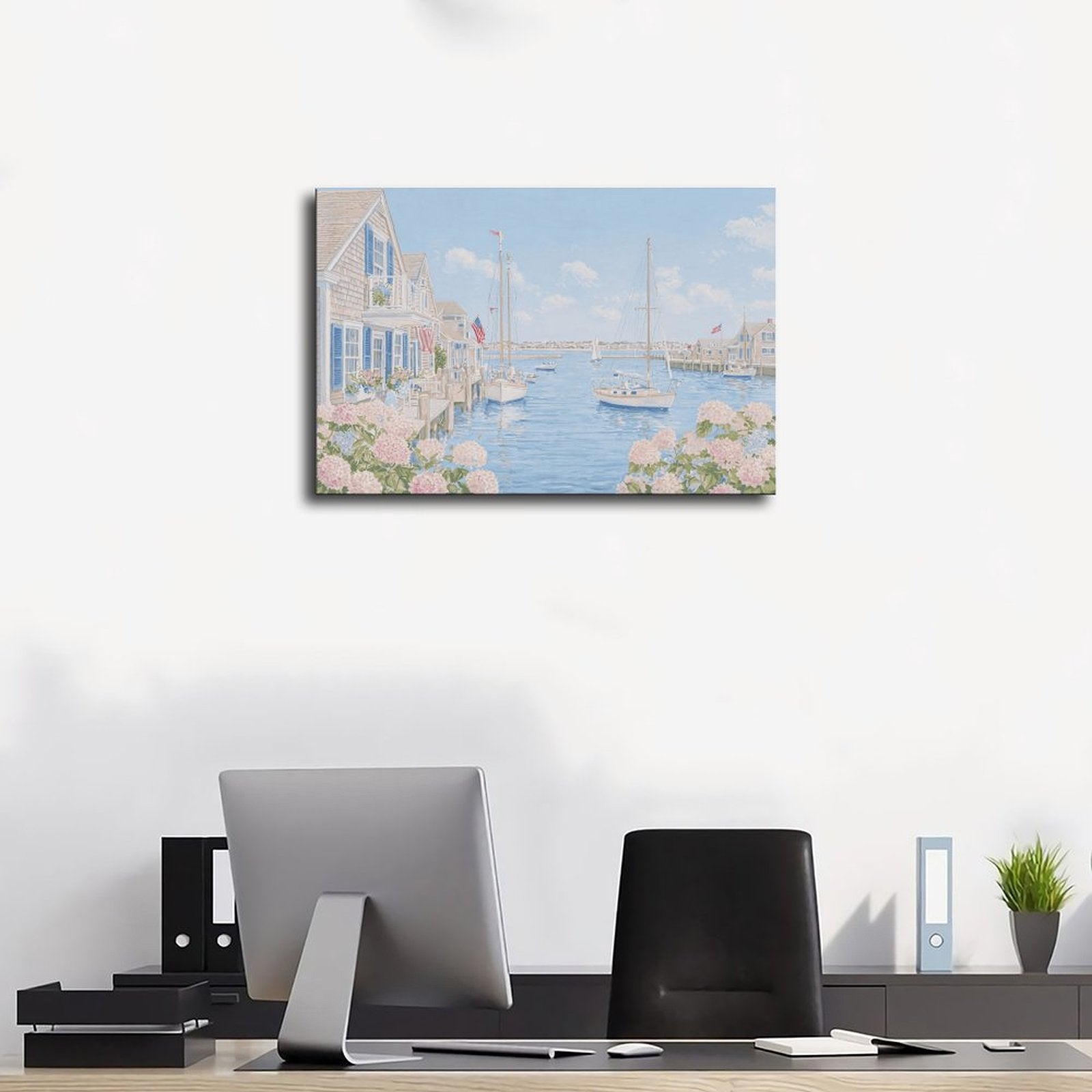 pastel coastal harbor village with boats in coastal landscape painting style — Wrapped Canvas SCENE_01
