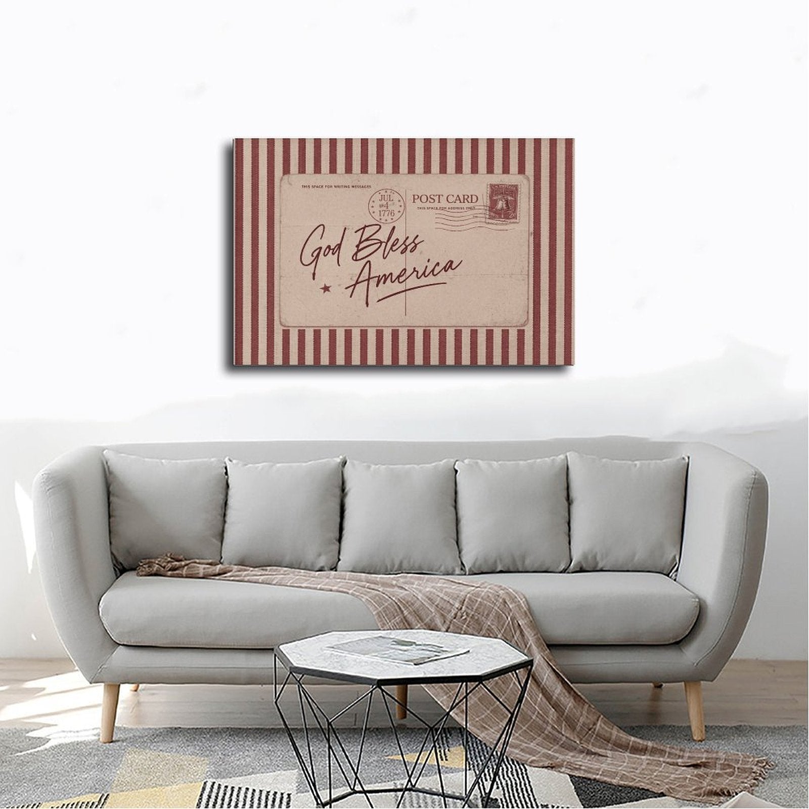 vintage patriotic postcard with God Bless America lettering in typography art style — Wrapped Canvas SCENE_02